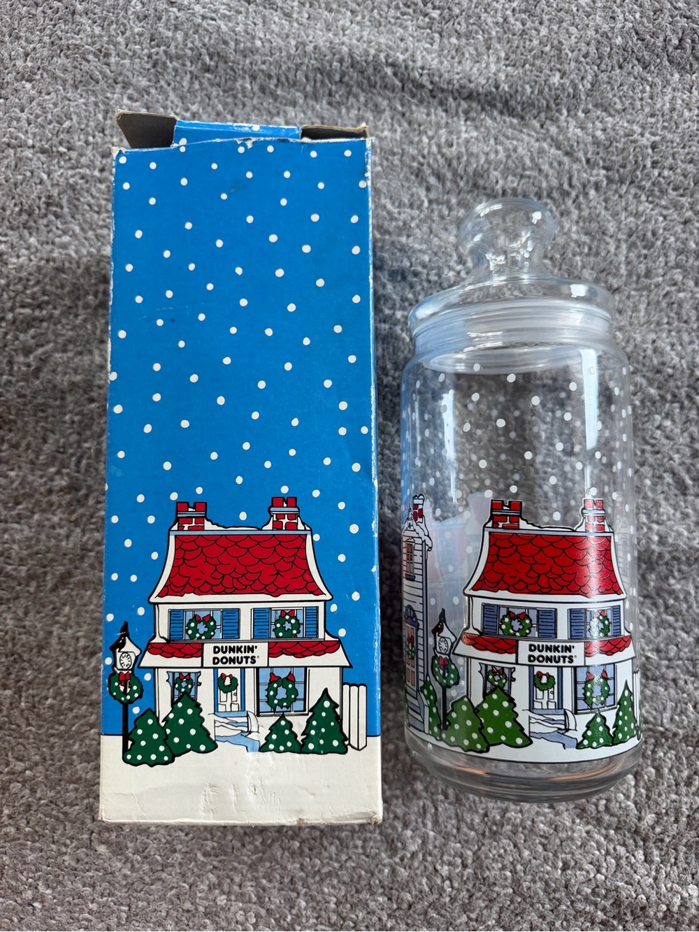 Vintage 1992 Dunkin' Donuts Christmas Holiday Village Glass Canister Jar